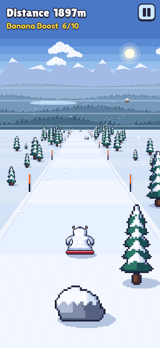 Oh Yeti! gameplay: the yeti sledding down a snowy slope past pine trees and rocks